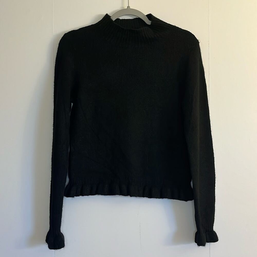 BCBG Paris Cropped Mock Neck Ruffle Hem & Cuff Sweater Size XL Black Fitted